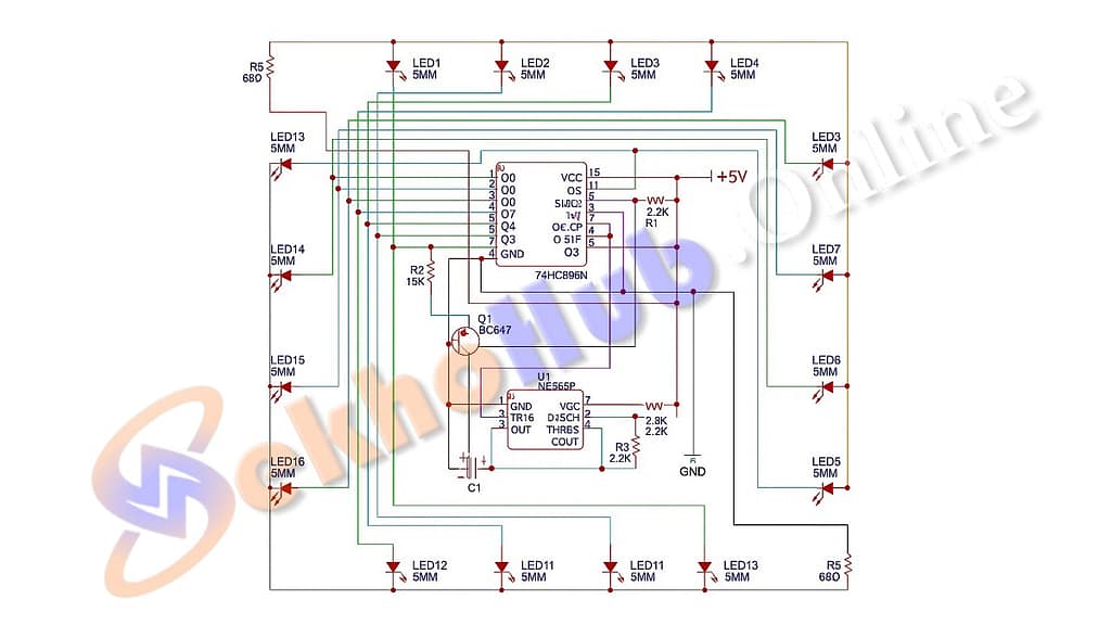 16-LED Running Light Circuit with 555 Timer and 74HC595