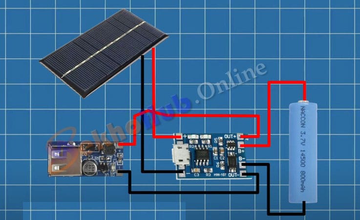 Wiring diagram of TP4056 + solar + battery + boost converter.