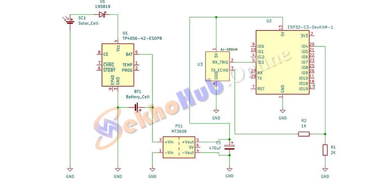 Solar Powered Water Level Sensor with ESP32-C3 Circuit Diagram