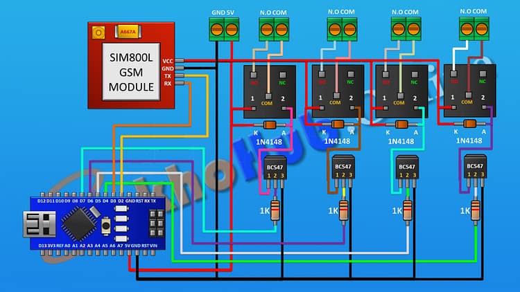 4 Channel GSM Relay Switch with SMS Commands using Arduino Circuit Diagram