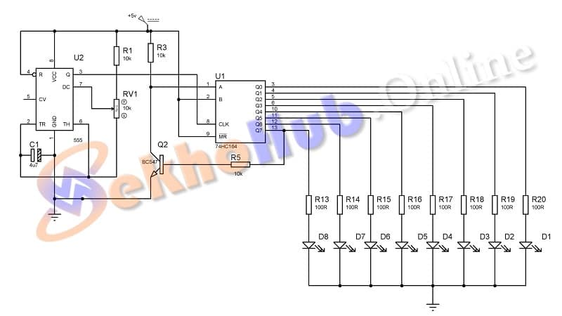 Falling Rain LED Light DIY LED Chaser Light Circuit Using 74HC164 & 555 Timer