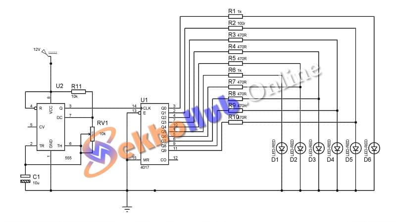 Rider LED Sequencer Light using CD4017 IC and 555 Timer IC