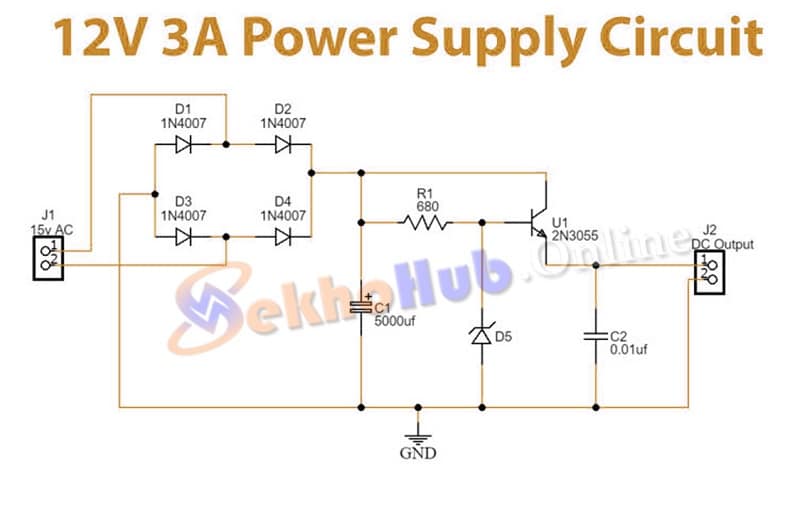 12V 3A Power Supply Using 2N3055 Transistor