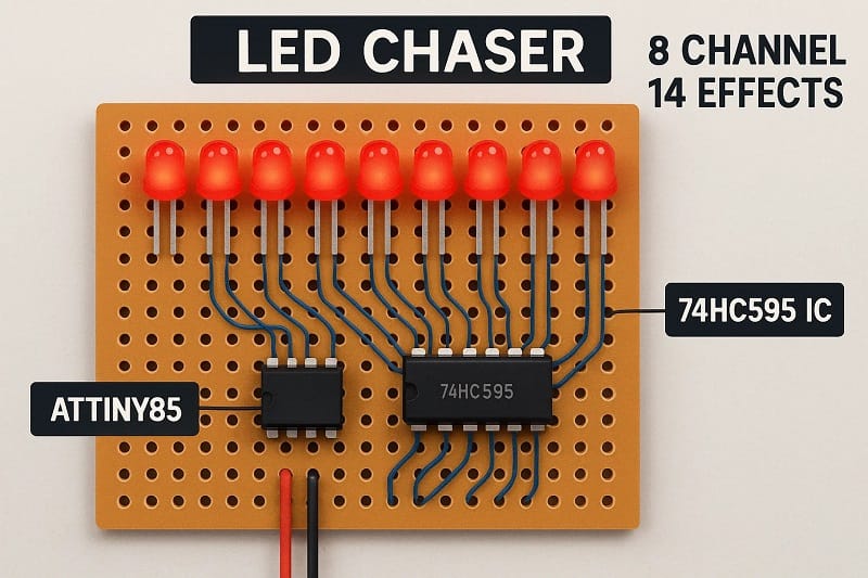 How to Make LED Chaser 8 Channel 14 Effects ATTINY85 74HC595 IC
